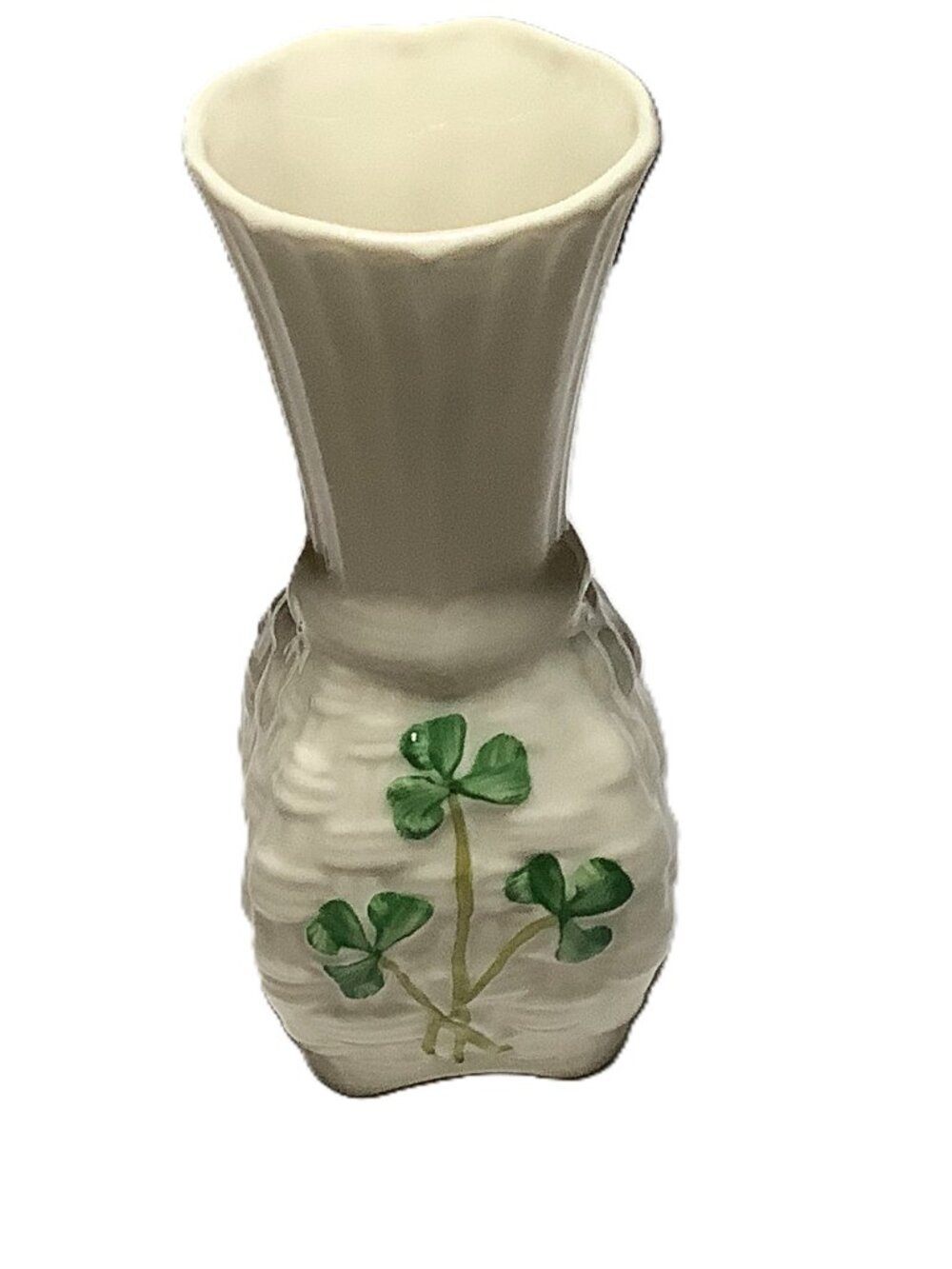 Belleek Ireland Basket Weave Shamrock 4" Bud Vase handmade of Parian China